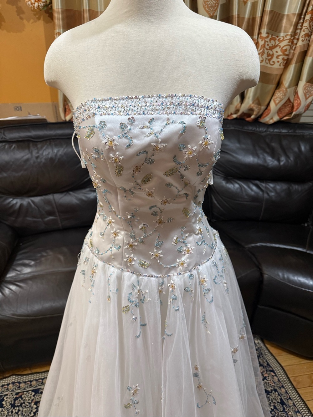 Alyce Designs Vintage 10 White strapless gown with floral  beading #prom #formal